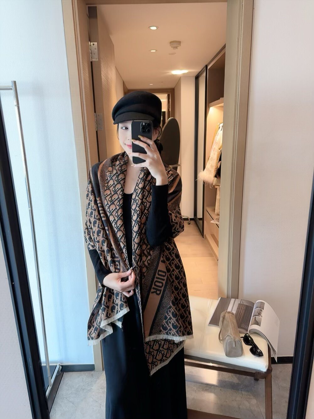 Dior Brown & Beige Fringed Scarf Shawl — model