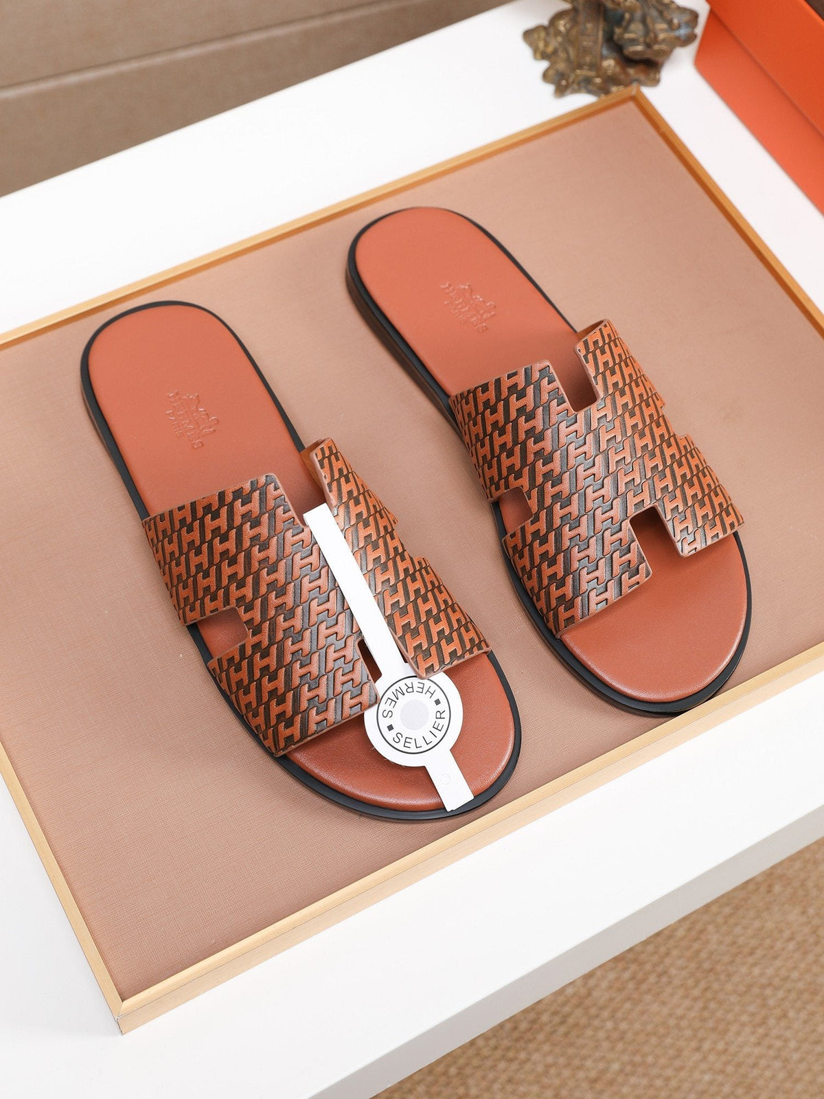 Hermes Brown Patterned H Slide Sandals — hero