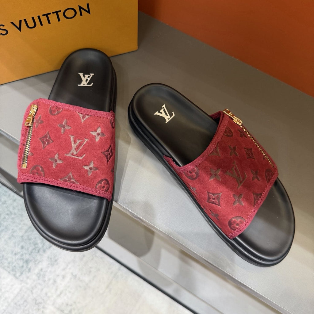 Louis Vuitton Red and Black Zipper Slide Sandals — front