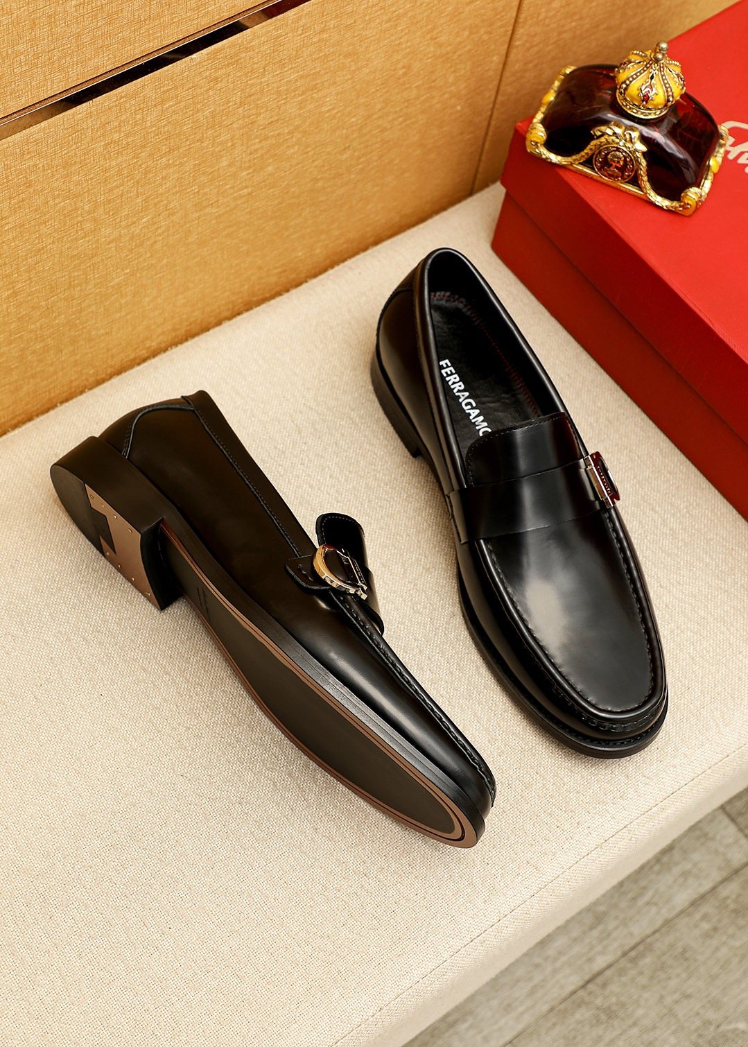Ferragamo Black Buckle Loafers — side