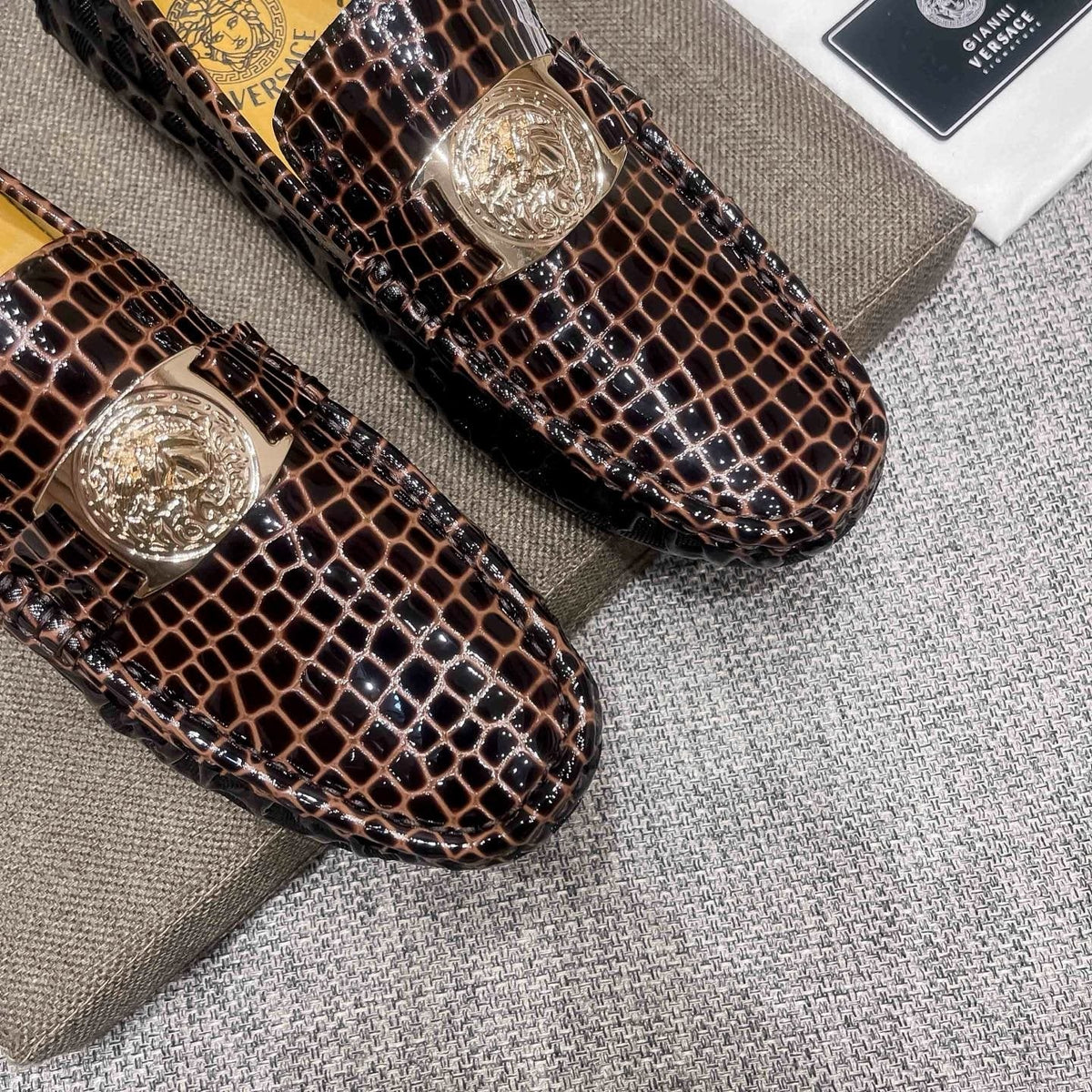 Versace Brown Embossed Medallion Loafers — detail