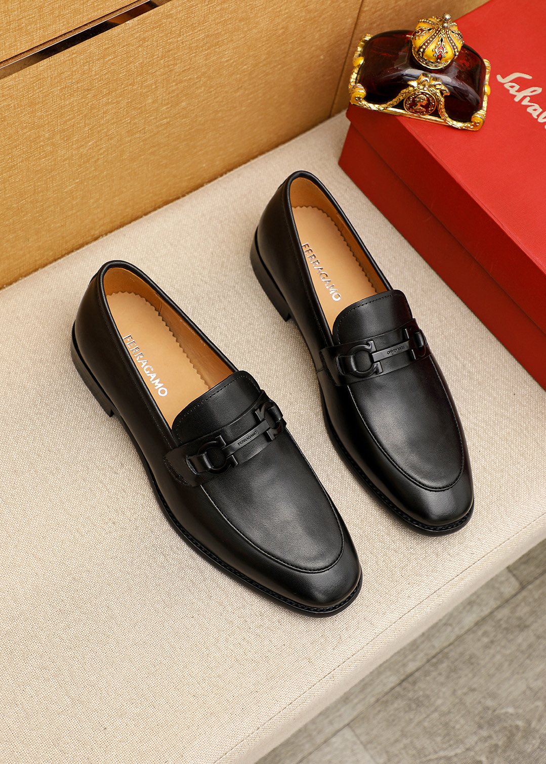 Ferragamo Black Leather Bit Loafers — front