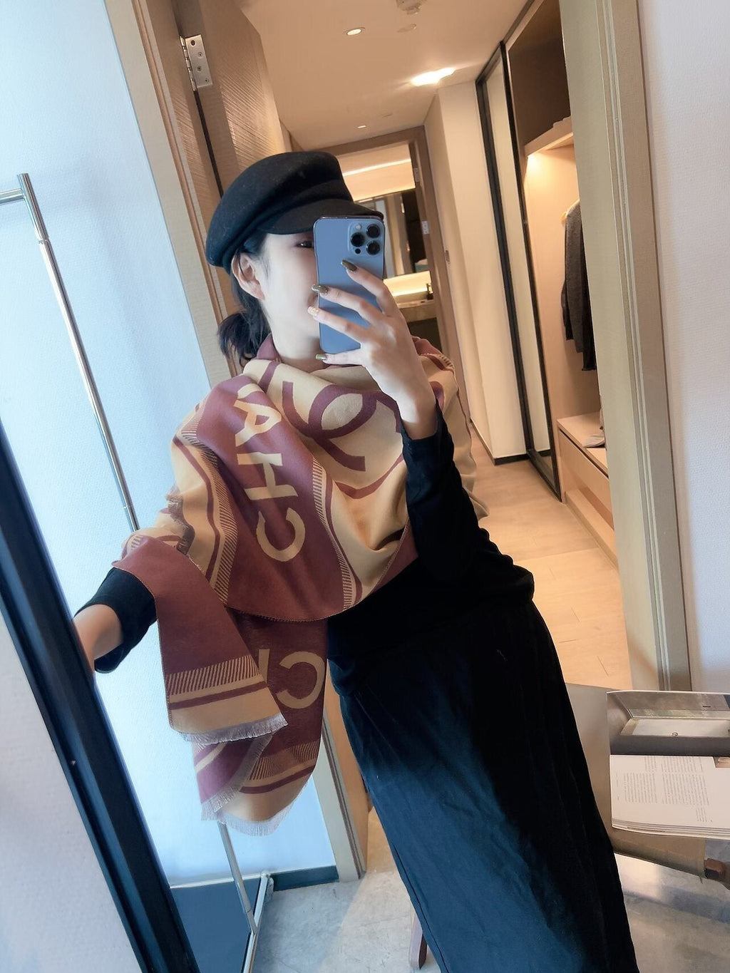Chanel Burgundy Beige Motif Scarf — model