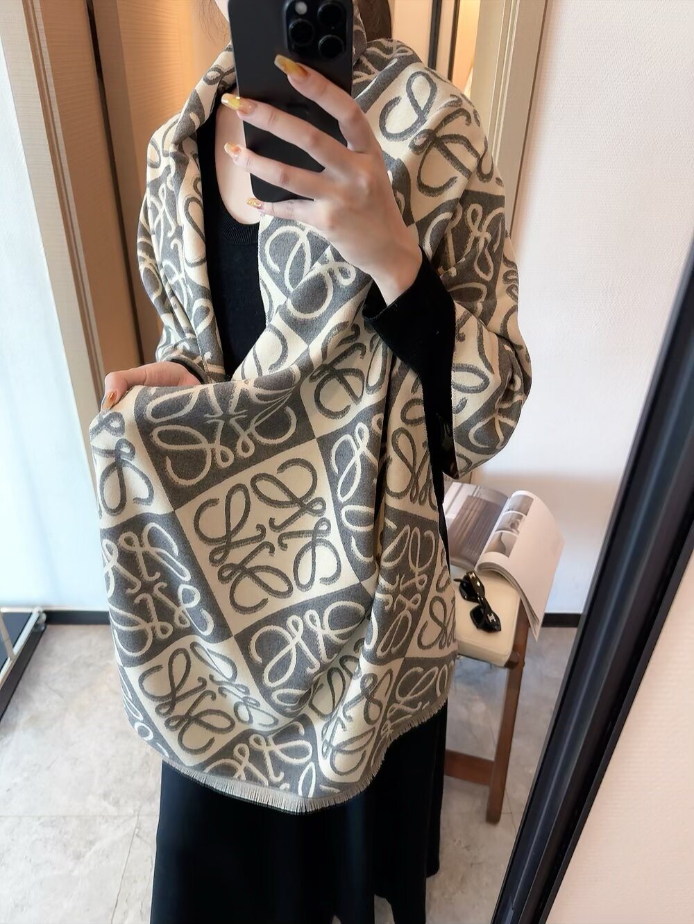 Loewe Taupe Graphic Motif Scarf — model