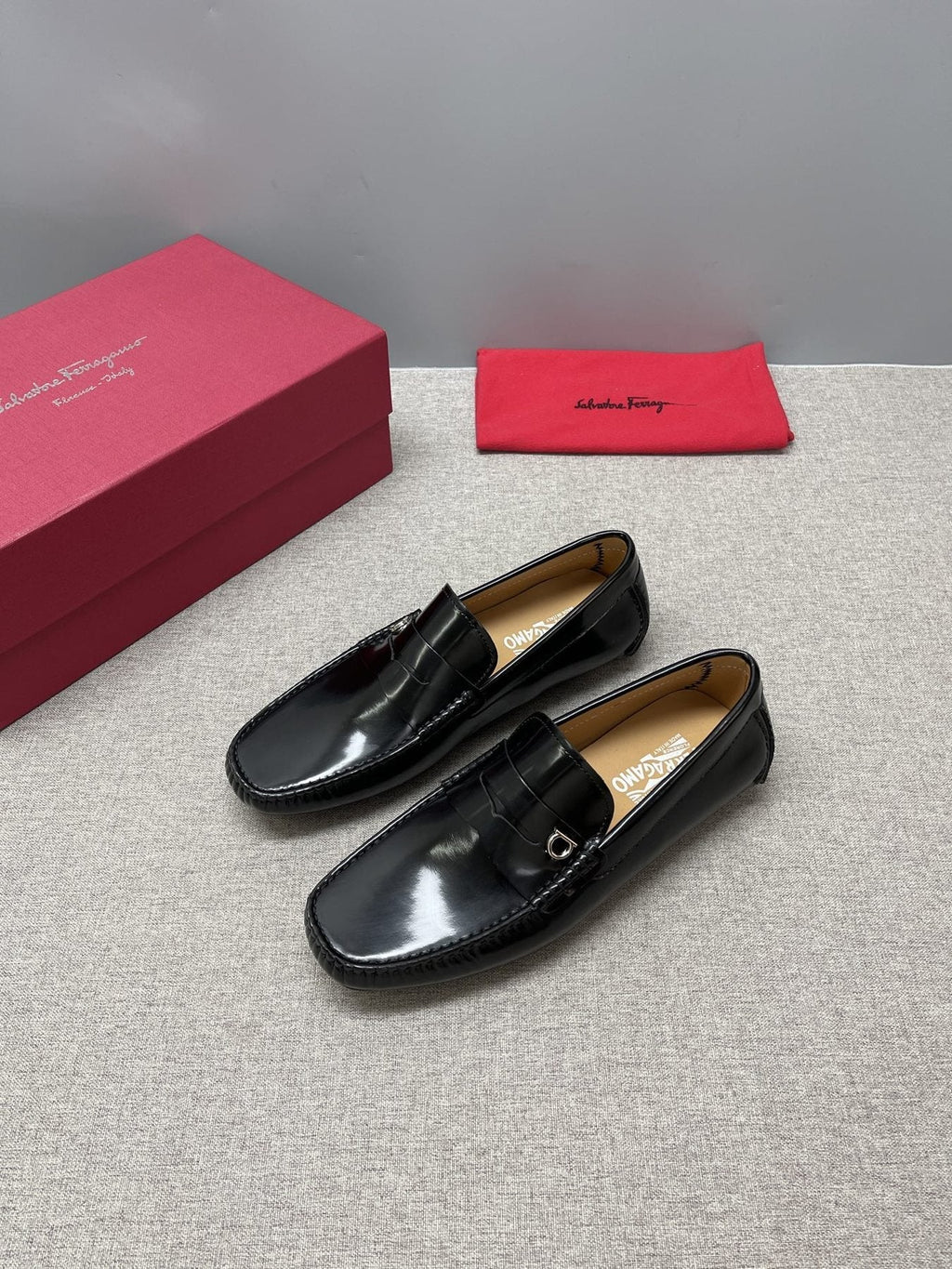 Ferragamo Black Buckle Driving Loafers — front