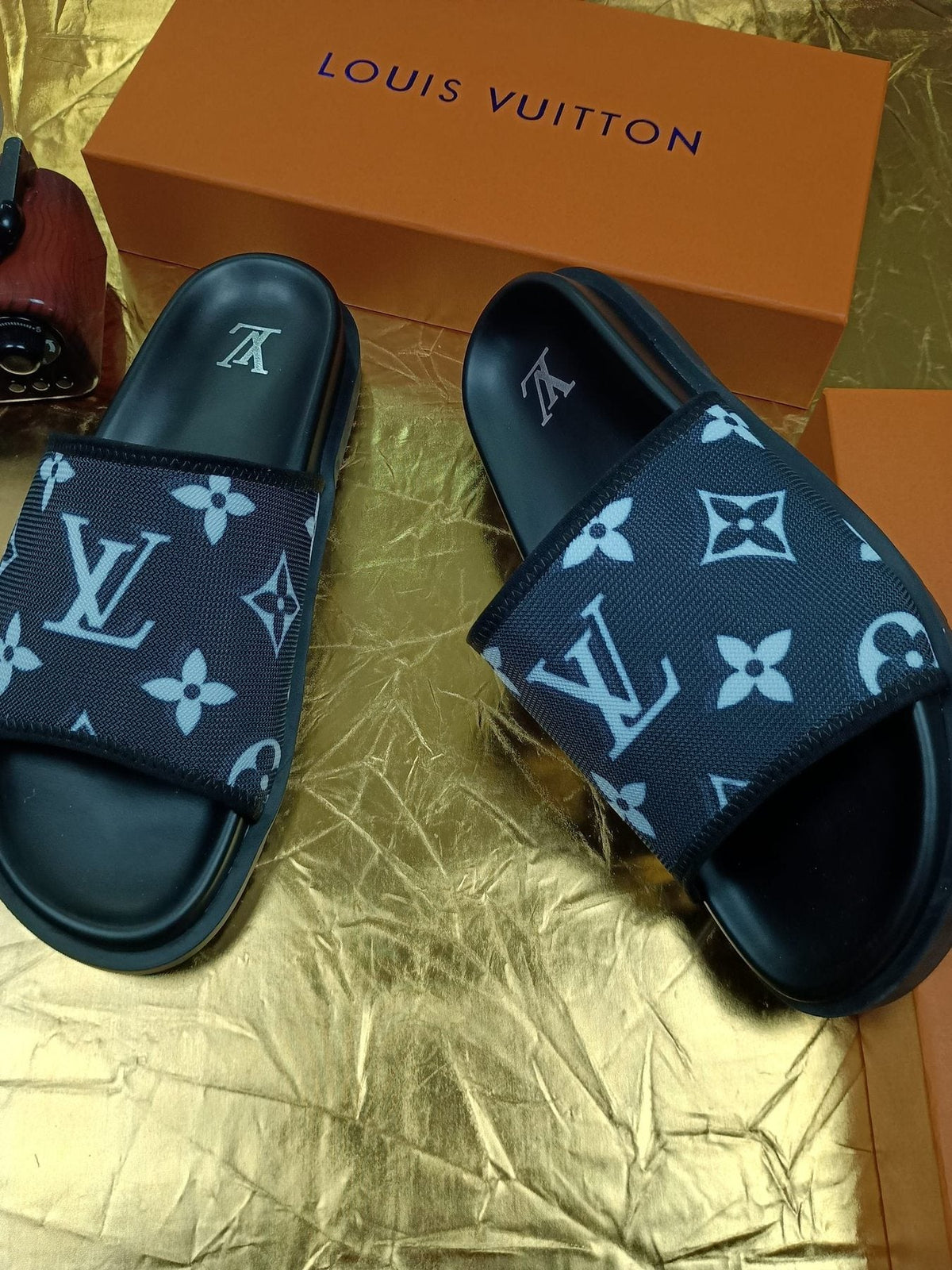 Louis Vuitton Navy Monogram Slide Sandals — front