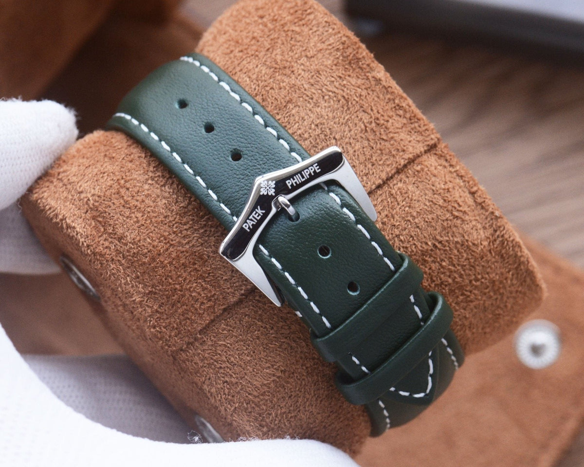 Patek Philippe Silver Green White Dial Strap Watch — detail