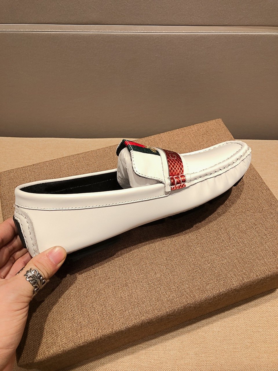 Gucci White Web-Stripe Loafers — side
