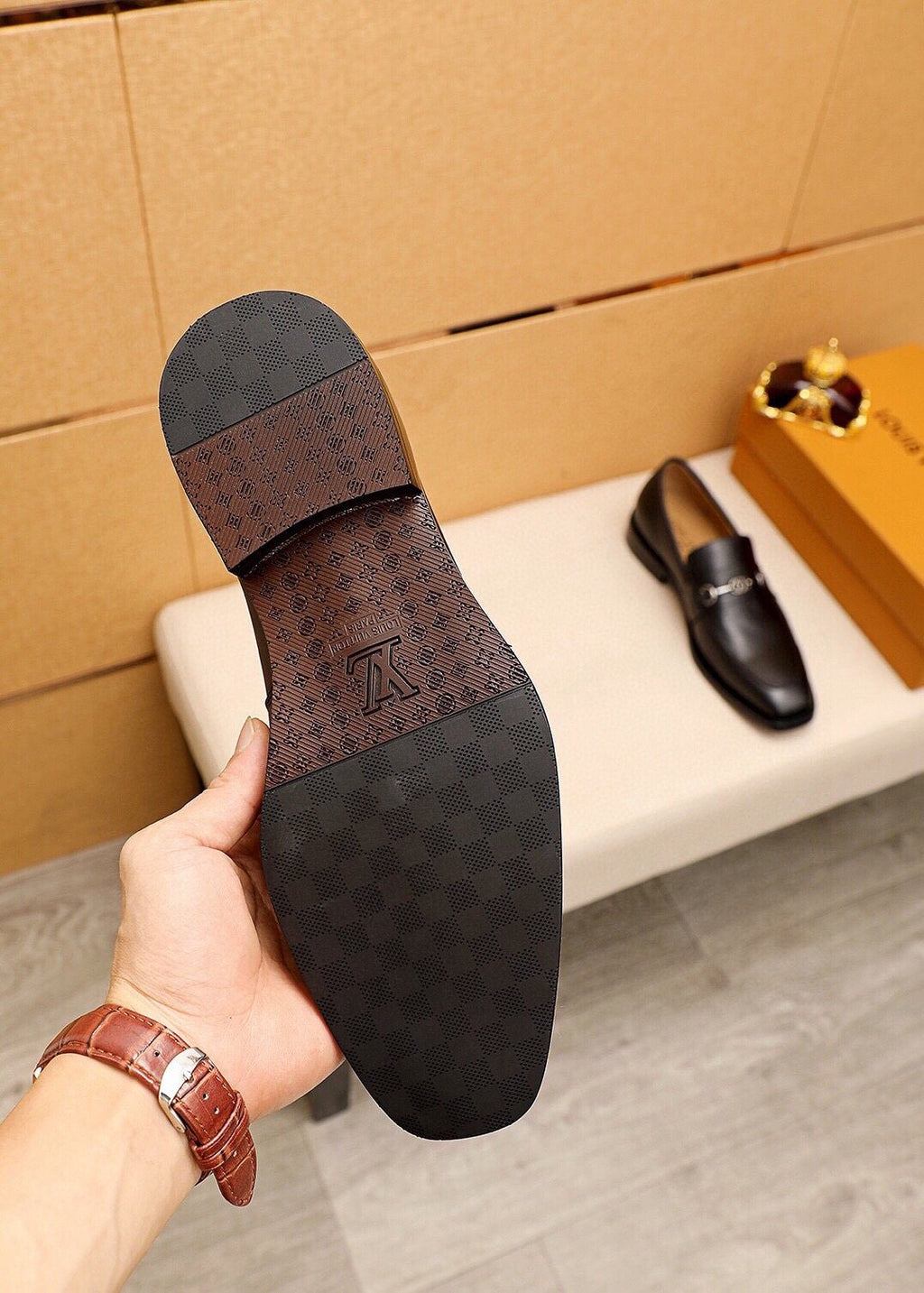 Louis Vuitton Black Metal-Bit Leather Loafers — detail