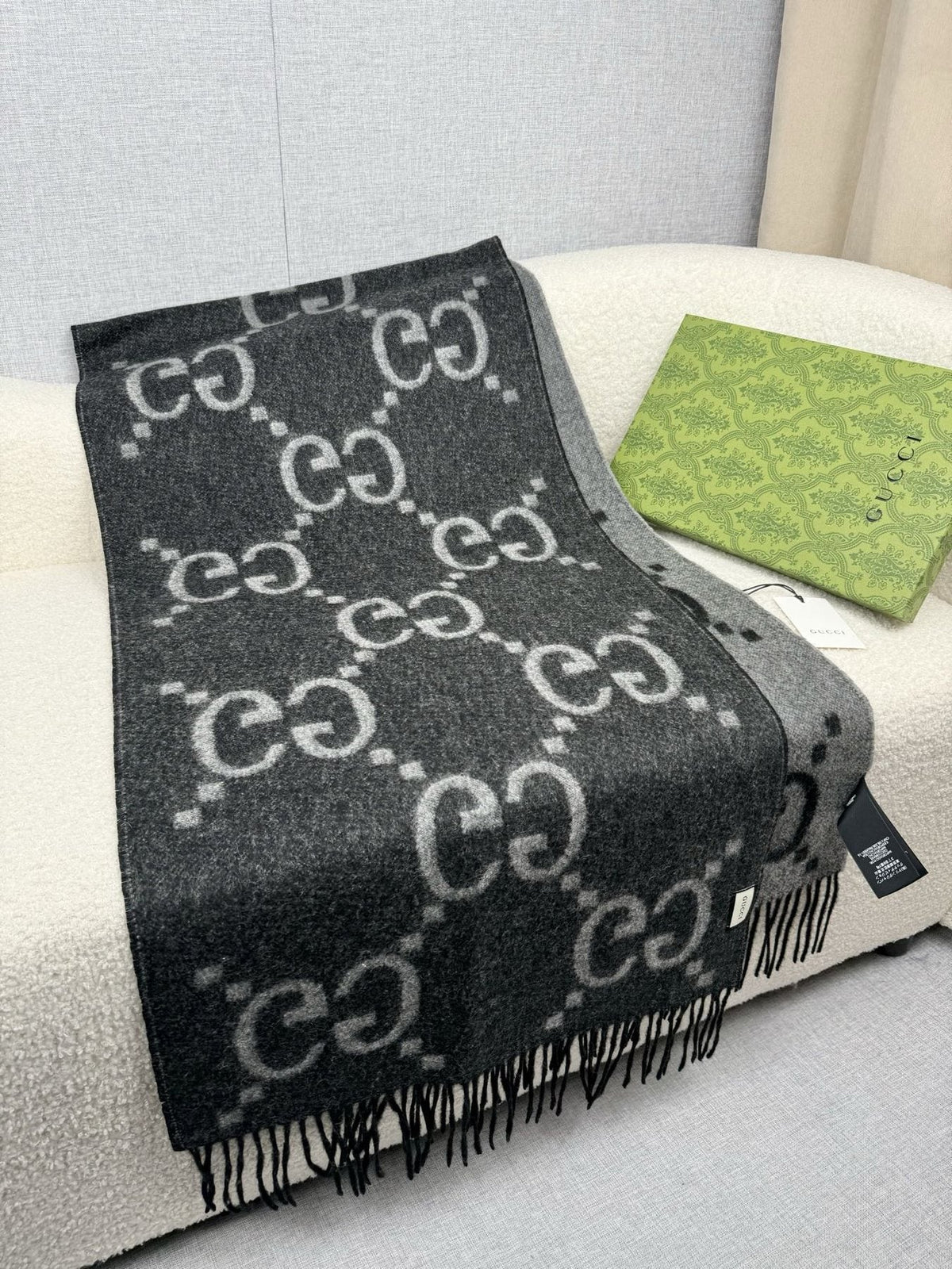 Charcoal Gray and Black Fringed Scarf — front