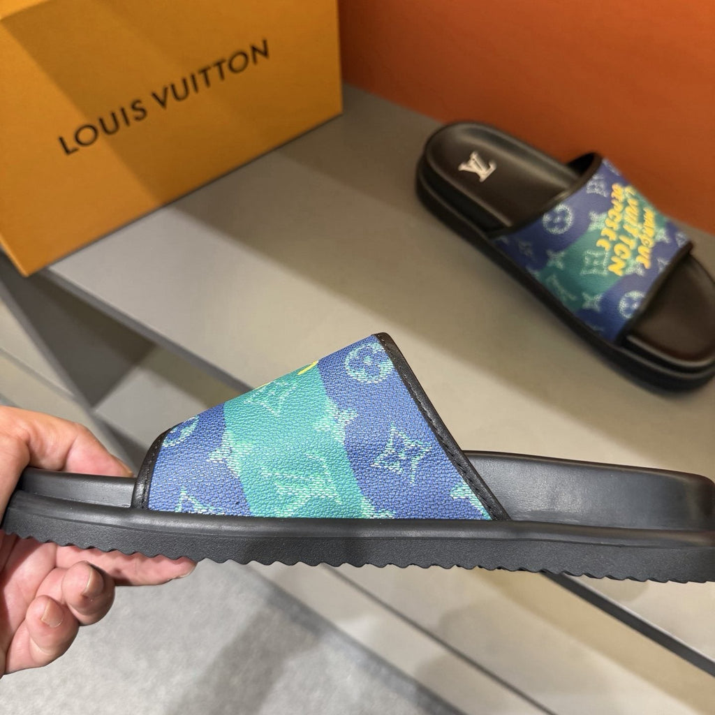 Louis Vuitton Blue Green Patterned Slide Sandals — side