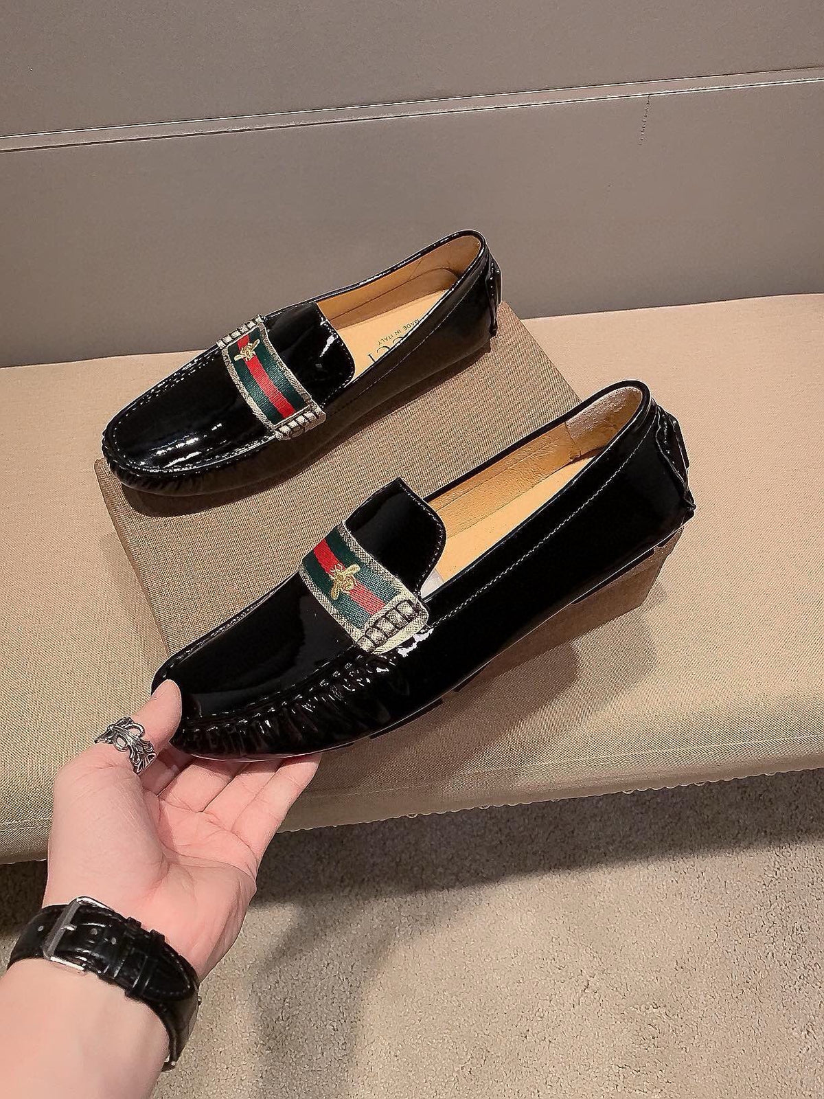 Gucci Black Stripe Loafers — front