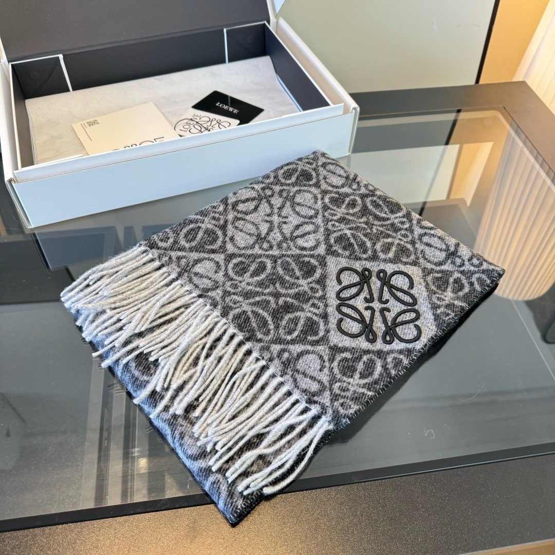 Loewe Charcoal Gray & Ivory Fringed Scarf — front