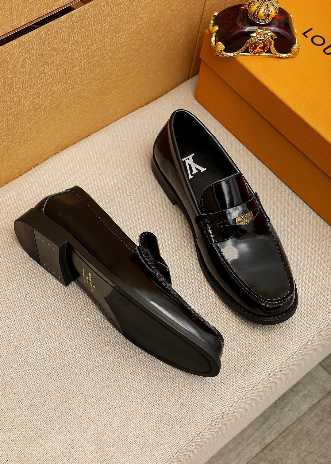 Louis Vuitton Black Leather Hardware Loafers — front