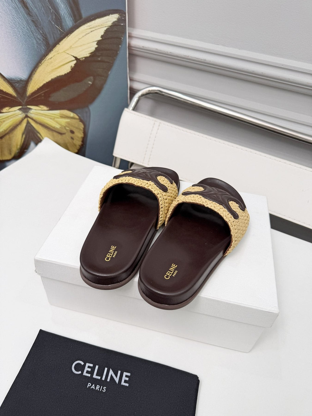 Celine Woven Emblem Slide Sandals — front