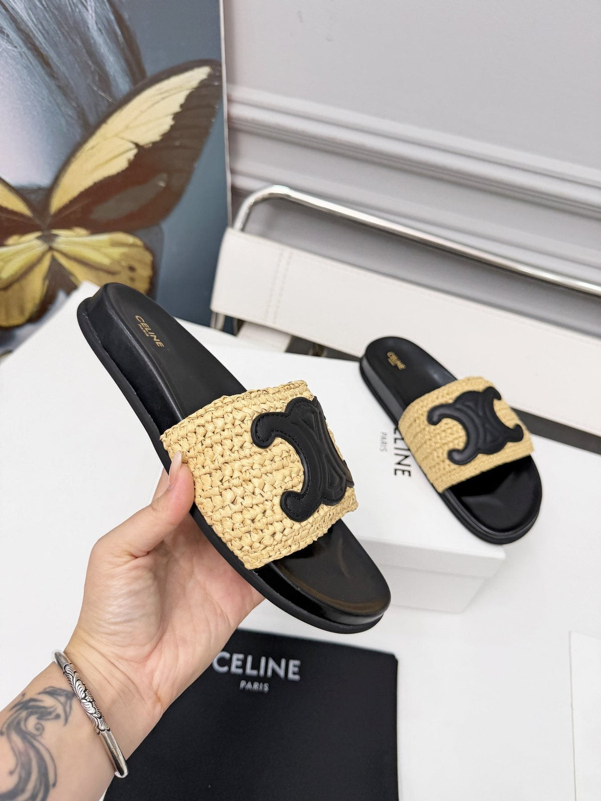 Celine Woven Emblem Slide Sandals — model