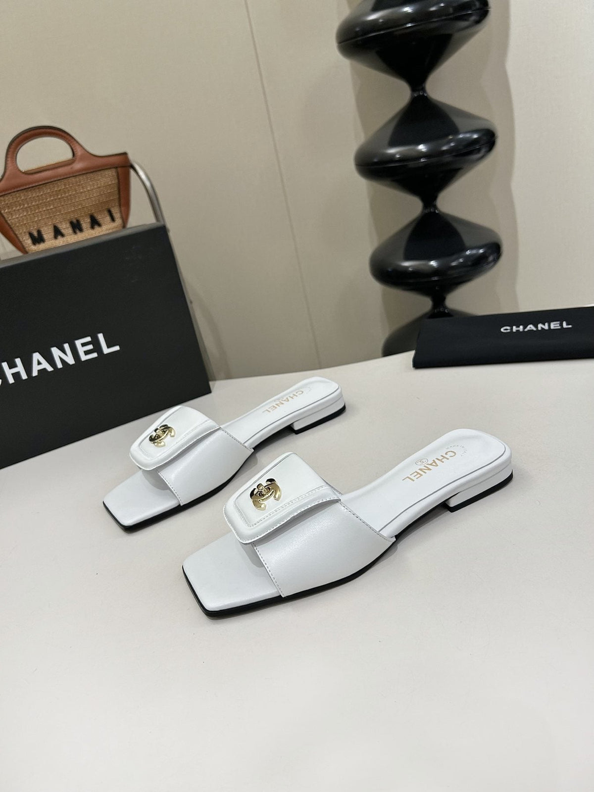 Chanel Square-Toe Leather Slide Sandals — front
