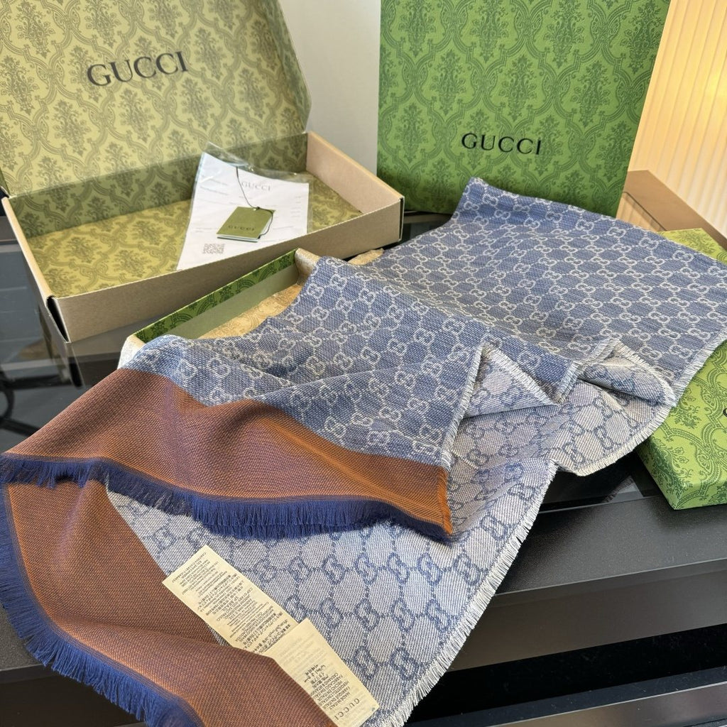 Gucci Blue-Gray Fringed Pattern Scarf — front