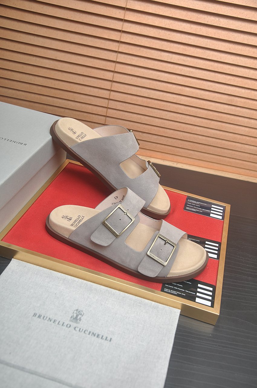 Brunello Cucinelli Tan Double-Buckle Slide Sandals — side