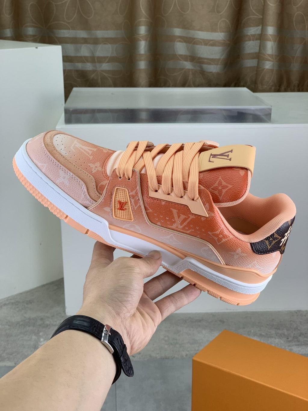 Louis Vuitton Peach Pink Monogram Low-Top Sneakers — side