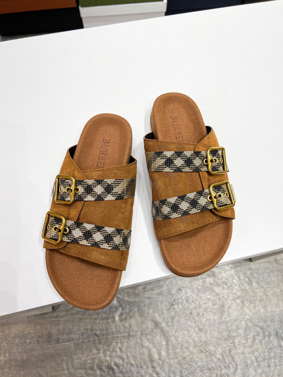 Burberry Check Buckle Slide Sandals — front
