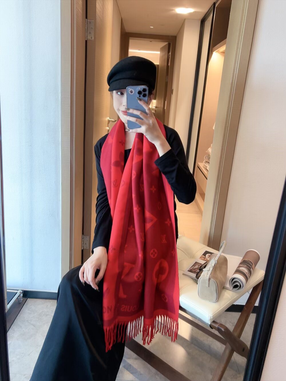 Louis Vuitton Fringed Monogram Scarf — model