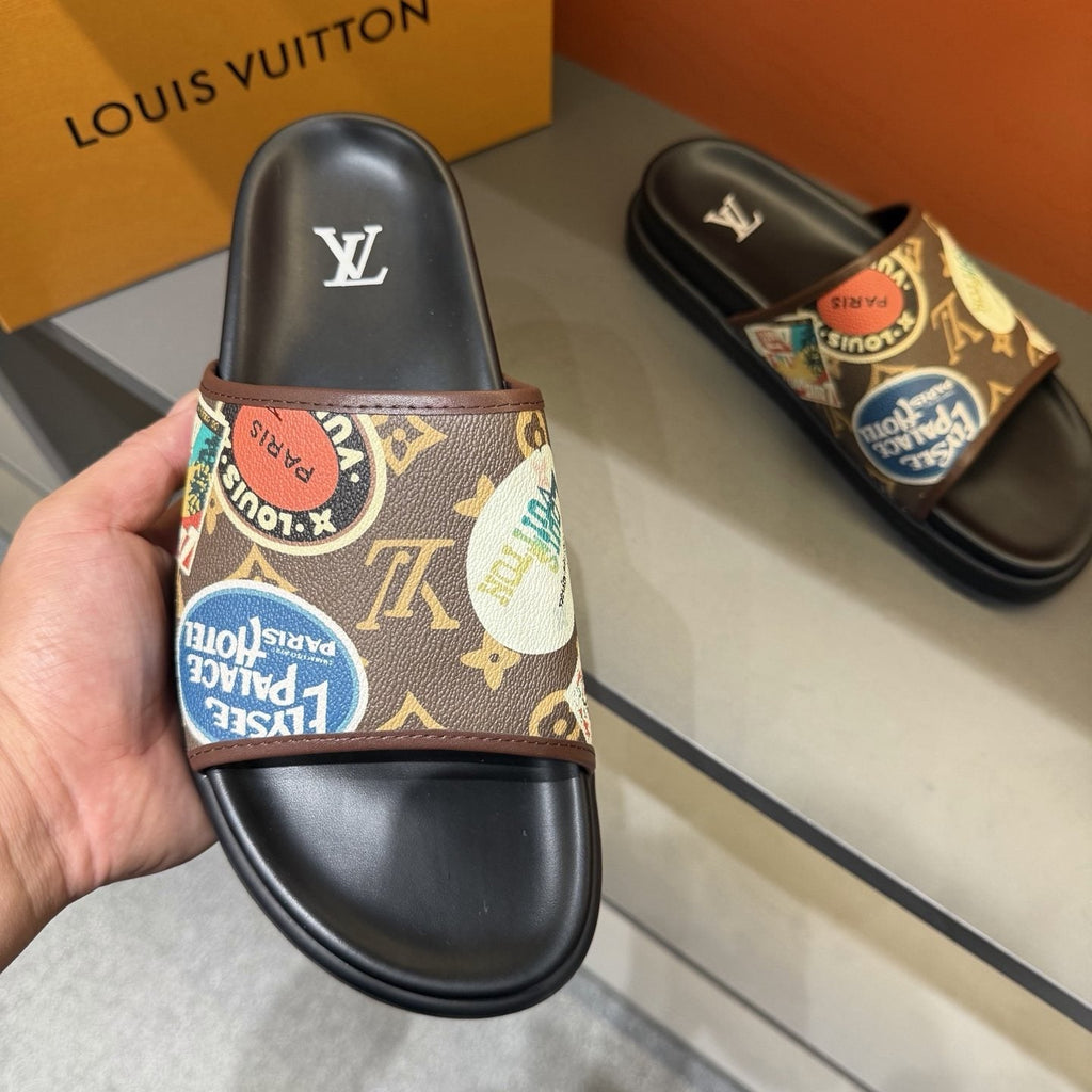 Louis Vuitton Graphic Strap Slide Sandals — model