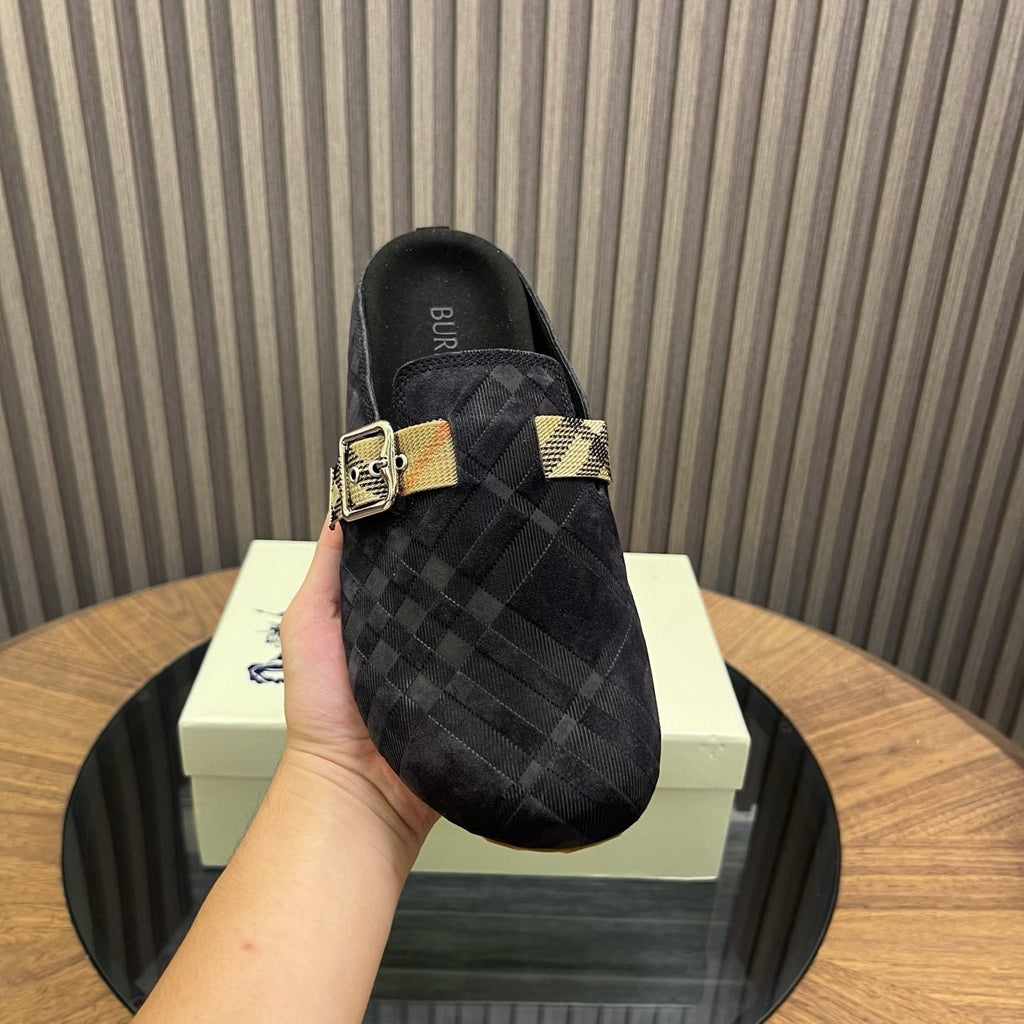 Burberry Brown Plaid Buckle Mule Slippers — model