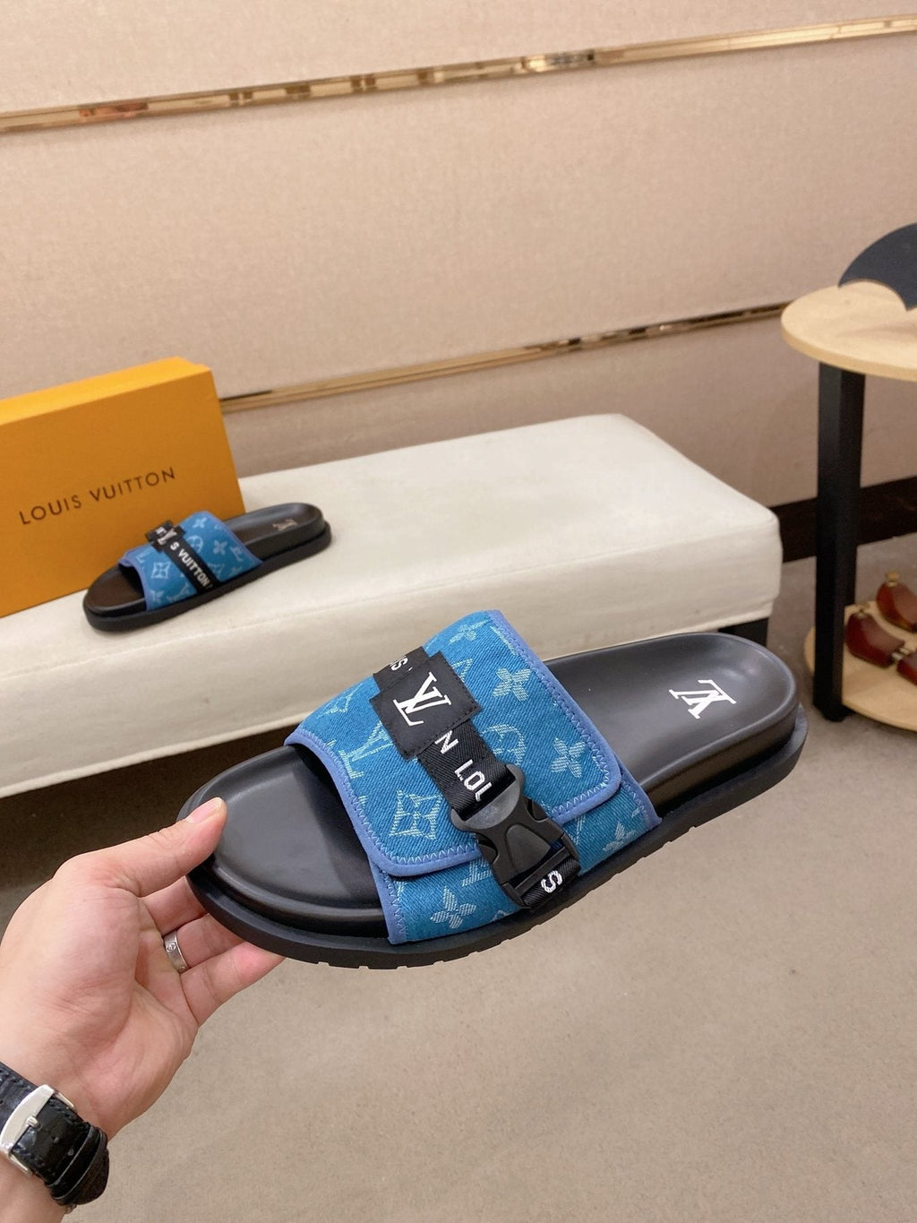 Louis Vuitton Monogram Buckle Slide Sandals — side