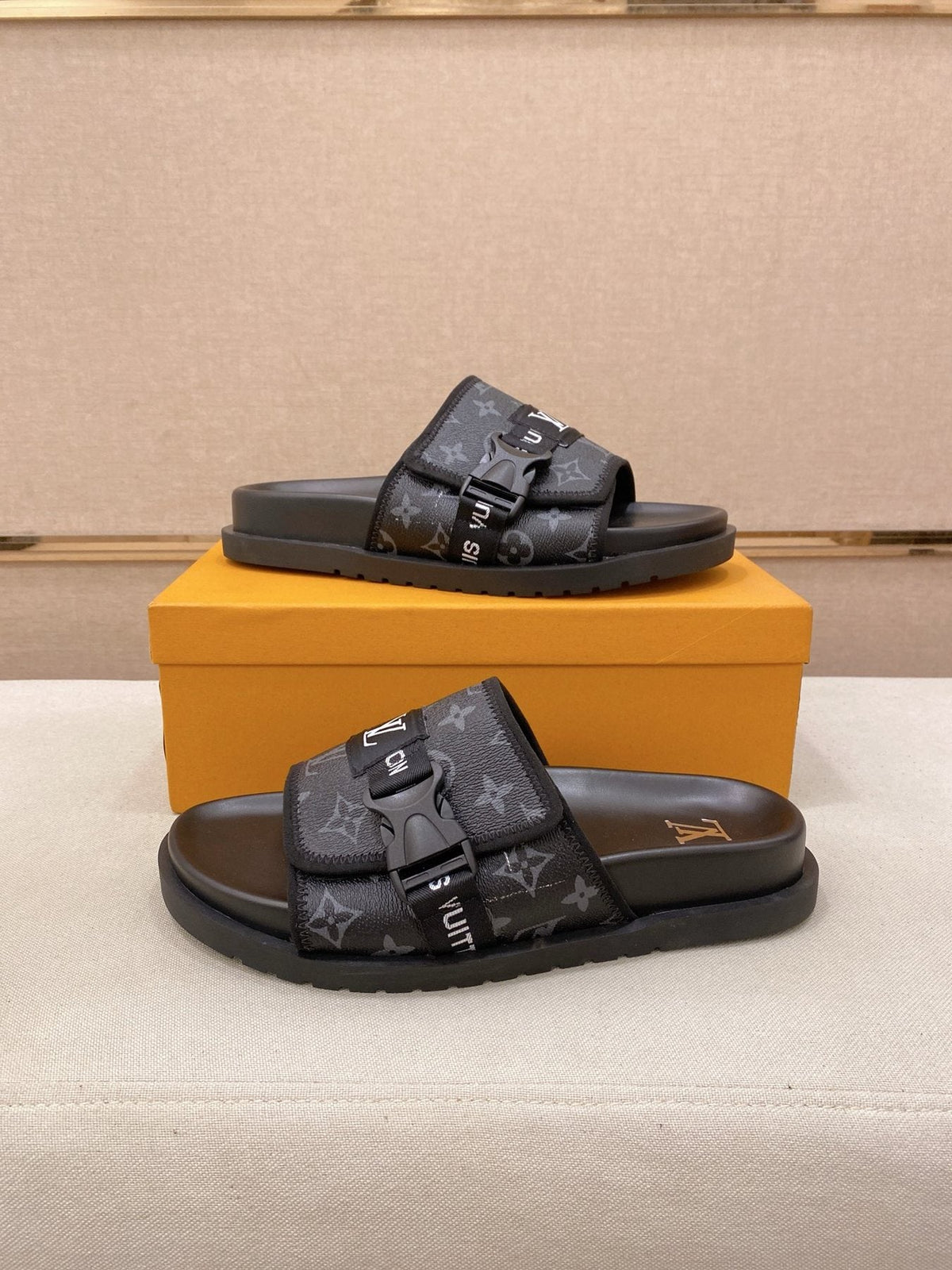 Louis Vuitton Monogram Buckle Slide Sandals — side